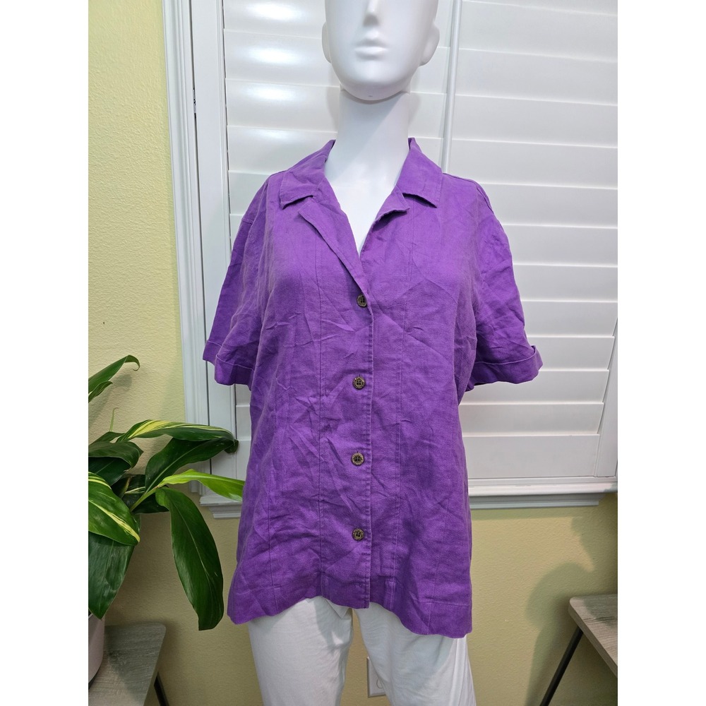 Chico's Purple 100% Linen Button Up Top Size 2 Large